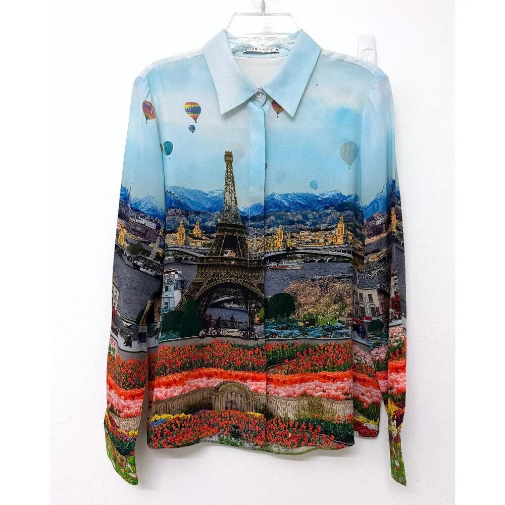 Alice + Olivia Willa Eiffel Tower Emily in Paris Shirt Blouse Silk Floral XS - Picture 2 of 16